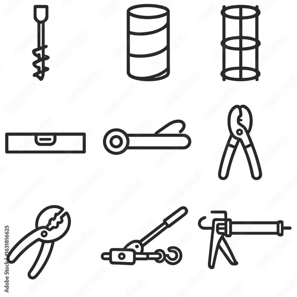 Fototapeta premium Streetlight Installation Tools Icons. Line style icons of Streetlight Installation Tools: auger drill, concrete form tube, rebar