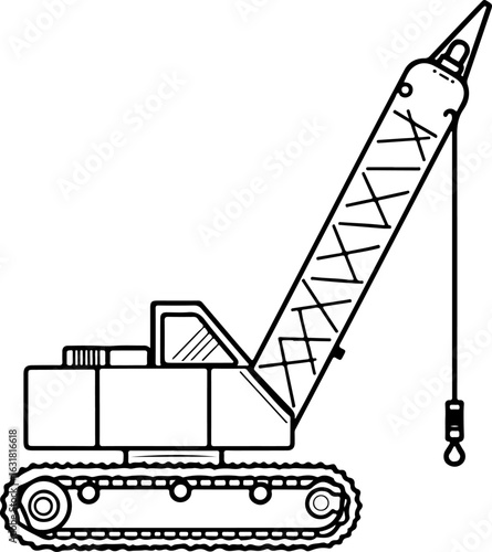 Construction crane lifting cargo at industrial site with clear blue sky silhouette