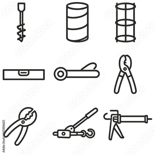 Streetlight Installation Tools Icons. Line style icons of Streetlight Installation Tools: auger drill, concrete form tube, rebar