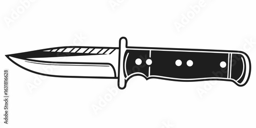 Illustration of a fixed blade knife with a black handle and a shiny blade on a white background