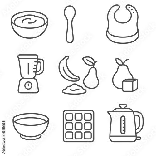 Baby Meal Icons. Line style icons of Baby Oat Meals: smooth oat porridge, baby spoon, silicone bib, puree blender, banana mash,