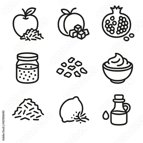 Oatmeal Add-Ins Icons. Line style icons of Oatmeal Add-Ins: grated apple, diced peach, pomegranate arils, chia gel, cocoa nibs,