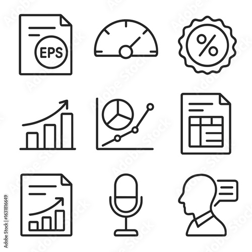 Financial Metrics Icons. Line style icons of Fundamental Analysis Metrics: EPS document, P/E ratio gauge, dividend yield badge,