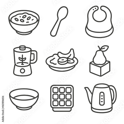 Baby Meal Icons. Line style icons of Baby Oat Meals: smooth oat porridge, baby spoon, silicone bib, puree blender, banana mash,