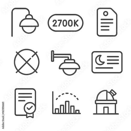 Dark Sky Icons. Line style icons of Dark Sky Compliant Lights: full-shield luminaire, 2700K label, lumen threshold tag,