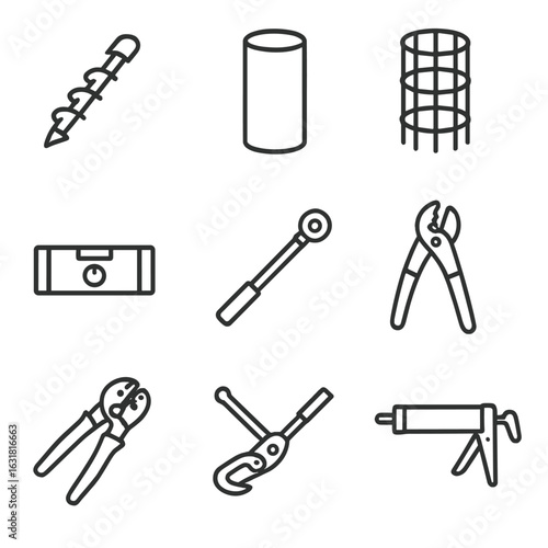 Streetlight Installation Tools Icons. Line style icons of Streetlight Installation Tools: auger drill, concrete form tube, rebar
