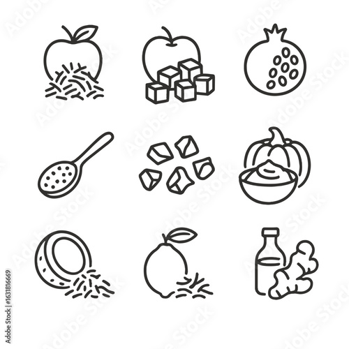 Oatmeal Add-Ins Icons. Line style icons of Oatmeal Add-Ins: grated apple, diced peach, pomegranate arils, chia gel, cocoa nibs,