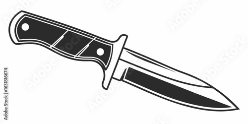 Illustration of a black and white combat knife with a dark handle and a sharp pointed blade design