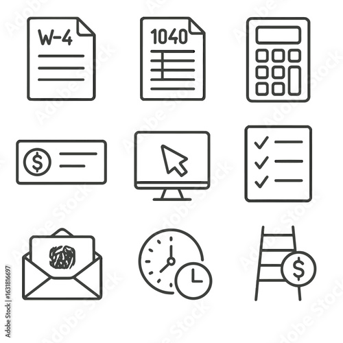 Tax Season Icons. Line style icons of Tax Filing Season: W-4 form, 1040 form, calculator, refund check, e-file cursor, deduction