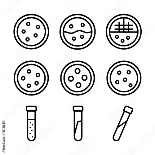 Agar Media Icons. Line style icons of Agar Media Types: nutrient agar plate, blood agar plate, MacConkey agar, mannitol salt agar,