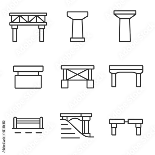 Beam Bridge Icons. Line style icons of Beam Bridges: steel girder, concrete beam, pier column, elastomeric bearing, diaphragms,