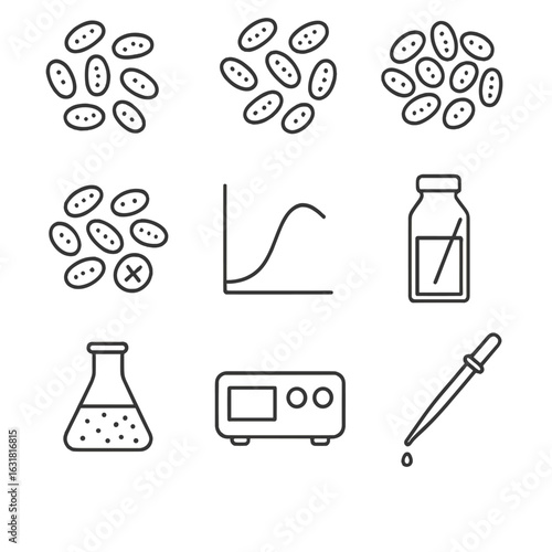 Microbial Growth Phases Icons. Line style icons of Microbial Growth Phases: lag phase icon, log phase icon, stationary phase icon,