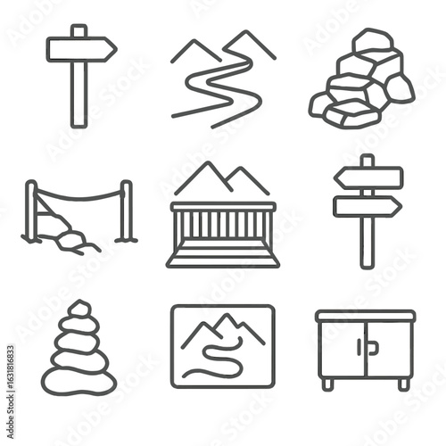 Mountain Hiking Icons. Line style icons of Mountain Hiking Trails: trail marker post, switchback path, rock step, rope handline,