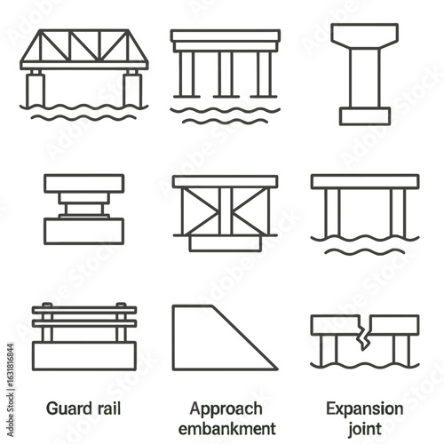 Beam Bridge Icons. Line style icons of Beam Bridges: steel girder, concrete beam, pier column, elastomeric bearing, diaphragms,