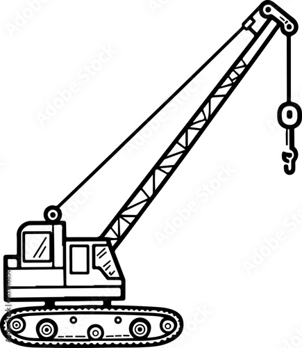 Construction crane lifting cargo at industrial site with clear blue sky silhouette