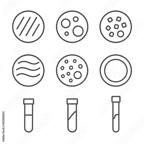 Agar Media Icons. Line style icons of Agar Media Types: nutrient agar plate, blood agar plate, MacConkey agar, mannitol salt agar,