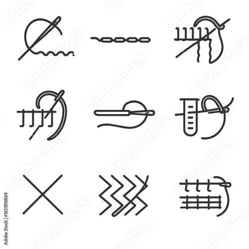 Hand Stitch Icons. Line style icons of Hand Stitch Types: running stitch, backstitch, whipstitch, blanket stitch, slip stitch,
