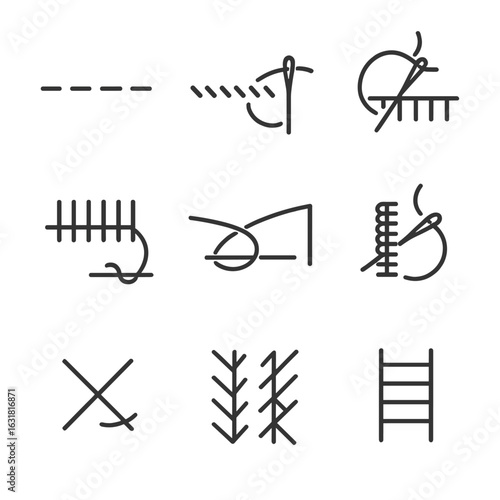 Hand Stitch Icons. Line style icons of Hand Stitch Types: running stitch, backstitch, whipstitch, blanket stitch, slip stitch,