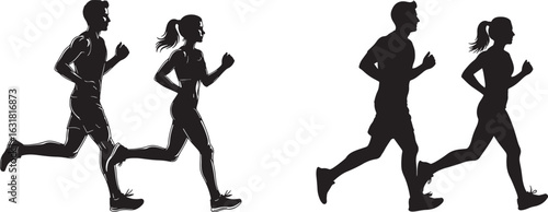 Athletic male and female runners in motion black white, black, white, silhouette, running, jogging, athletes, male, female, fitness, exercise, sport, movement, action, healthy lifestyle, outdoor, race