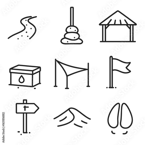 Desert Pathway Icons. Line style icons of Desert Sand Paths: compact sand track, cairn pole, shaded rest hut, water stash box, sun