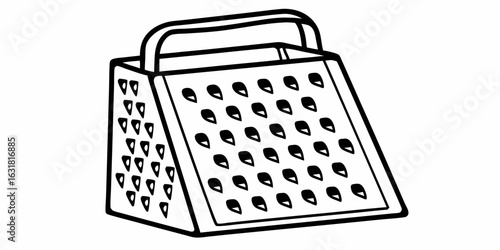 A black and white illustration of a box grater with a handle and multiple grating surfaces shown