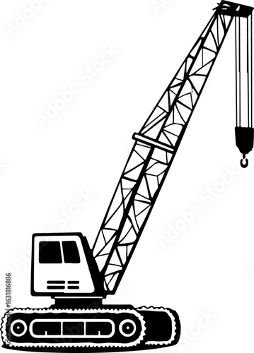 Construction crane lifting cargo at industrial site with clear blue sky silhouette