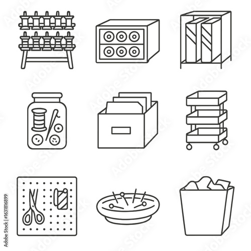 Sewing Room Icons. Line style icons of Sewing Room Storage: thread rack, bobbin drawer, fabric bolt shelf, notions jar, pattern