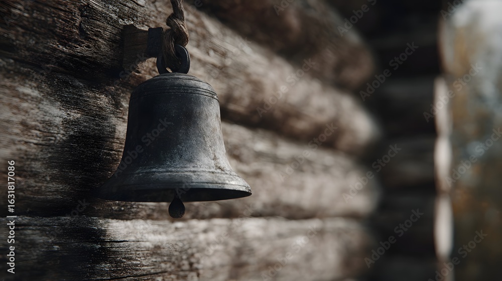 Obraz premium Rustic bell on a countryside cabin