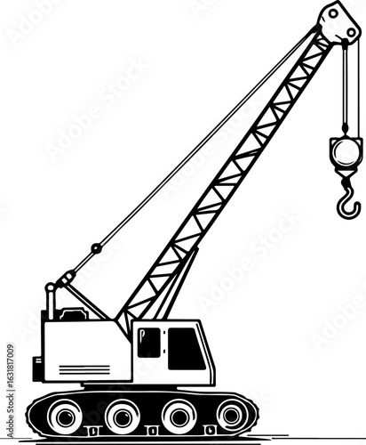 Construction crane lifting cargo at industrial site with clear blue sky silhouette