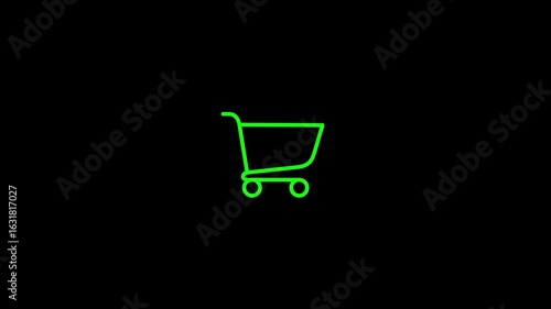 neon green shopping cart icon animation glowing on black background, minimal trolley symbol for online store checkout, e-commerce purchase, retail payment, add-to-cart ui element tech explainer video