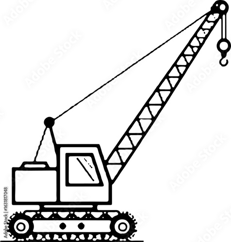 Construction crane lifting cargo at industrial site with clear blue sky silhouette