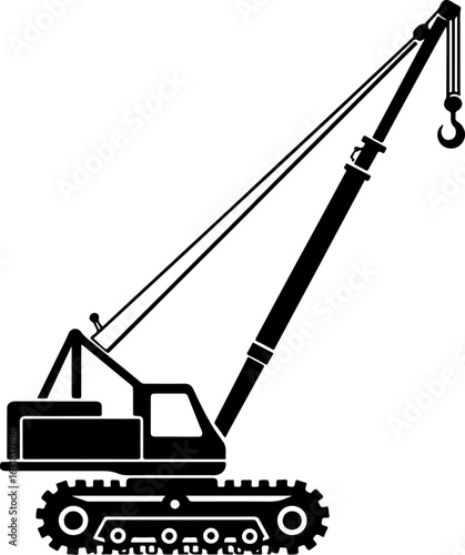 Construction crane lifting cargo at industrial site with clear blue sky silhouette