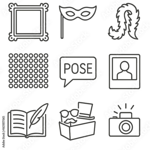 Photo Booth Icons. Line style icons of Photo Booth Fun: ornate frame, stick mask, feather boa, sequin backdrop, camera flash, pose