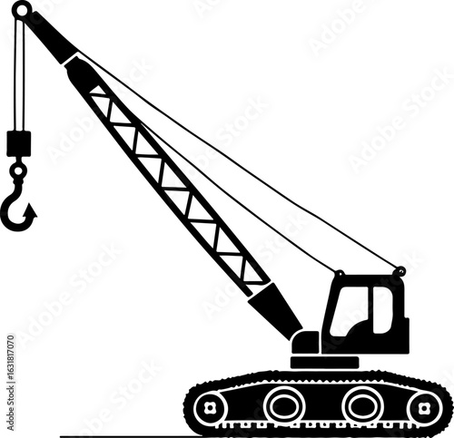 Construction crane lifting cargo at industrial site with clear blue sky silhouette