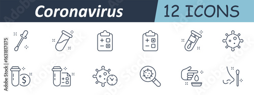Coronavirus set icon. Swab stick, test tube, checklist board, virus shape, dollar cost, lab report, magnifying glass, timeline chart, droplet sample, nose test, medical search