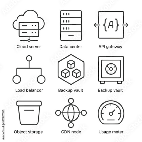 Cloud Computing Icons. Line style icons of Cloud Computing Services: cloud server, data center rack, API gateway, load balancer,
