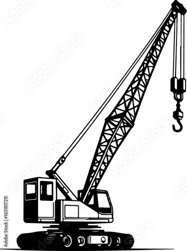 Construction crane lifting cargo at industrial site with clear blue sky silhouette