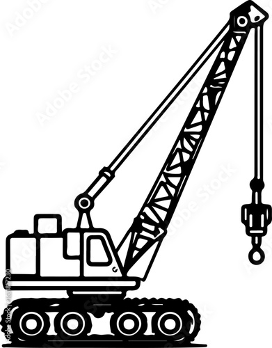 Construction crane lifting cargo at industrial site with clear blue sky silhouette