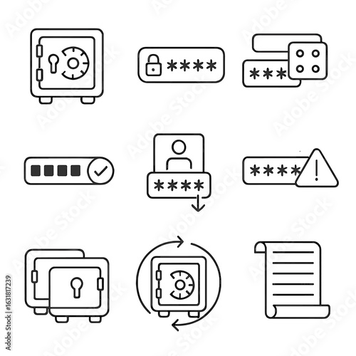 Password Management Icons. Line style icons of password and credential management: password vault icon, master password input,