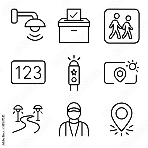 Night Safety Icons. Line style icons of night safety and community lighting: motion sensor lamp, community lighting request box,