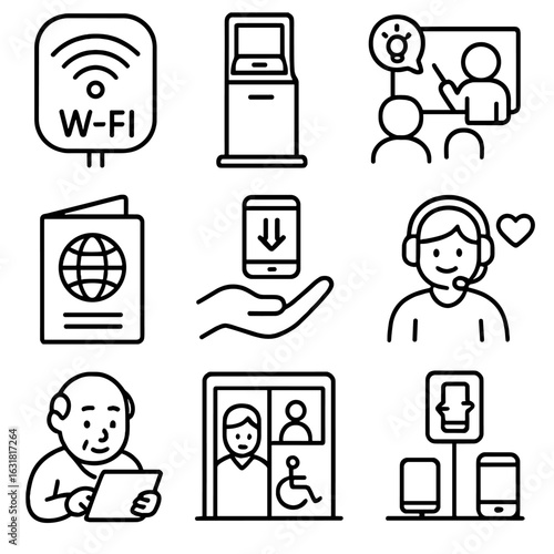 Digital Inclusion Icons. Line style icons of digital inclusion in the city: free Wi-Fi zone sign, laptop lending kiosk, digital