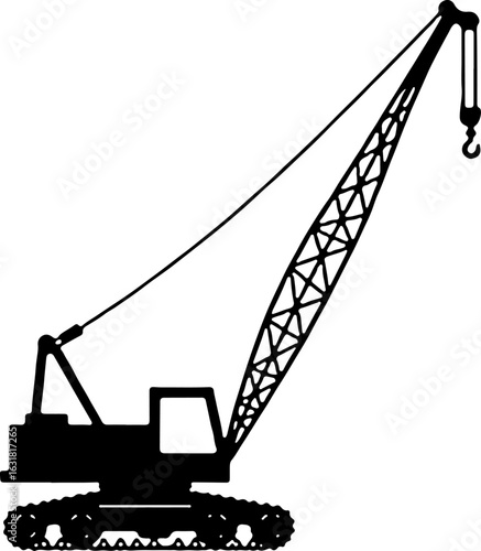 Construction crane lifting cargo at industrial site with clear blue sky silhouette