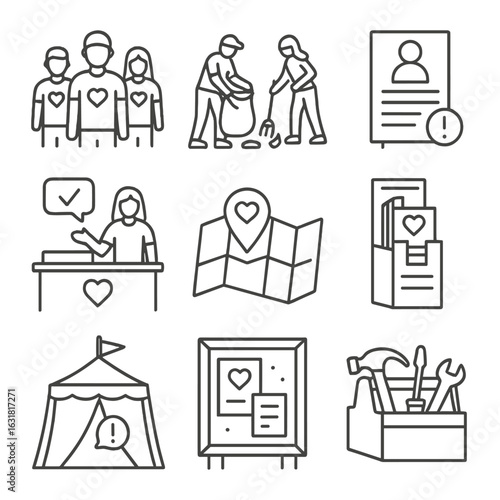 Urban Volunteer Line Icons. Line style icons of urban volunteer and engagement programs: community volunteers on site, local
