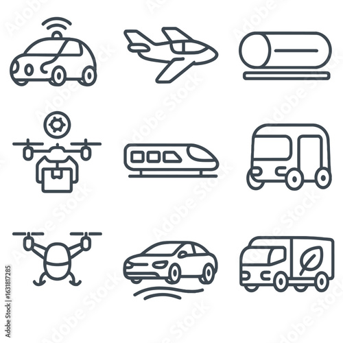 Future Transport Icons. Line style icons of future transportation concepts: autonomous vehicle, flying car, hyperloop pod, AI