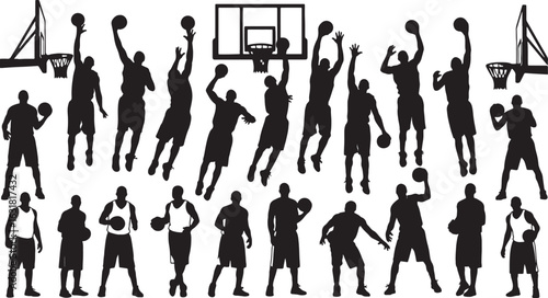 Basketball players in action with hoops dribbling, basketball, players, action, hoops, dribbling, shooting, jumping, dunking, sports, game, athletes, silhouettes, black and white, dynamic, energetic, 