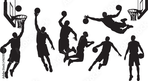 Basketball players in action silhouettes jumping, basketball, players, silhouettes, action, jumping, dunking, dribbling, shooting, playing, sport, game, court, hoop, ball, dynamic, athletic, movement,