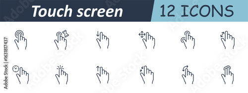 Touch screen interaction set icon. Outlined fingers with tap, hold, drag, scroll, wait, swipe, pinch, and directional gestures used for touchscreen feedback and control actions