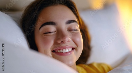 A serene Asian woman smiles gently in dreamland bliss, embodying Hygge warmth during Slumber Appreciation Day, nestled pillows embrace