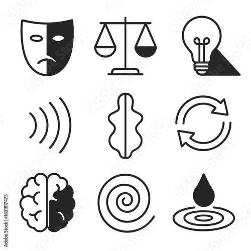 Abstract Duality Icons. Line style icons of black and white abstract concepts: duality mask, balance scale with tones, light bulb