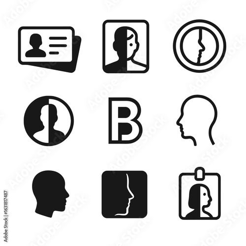 Contrast Identity Icons. Line style icons of visual identity and contrast: identity card in shadow, contrast photo portrait,